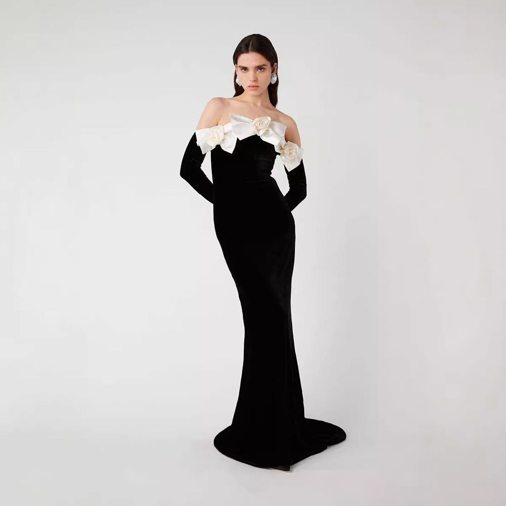 Black Long Sleeve Velvet Dress Fishtail Gown