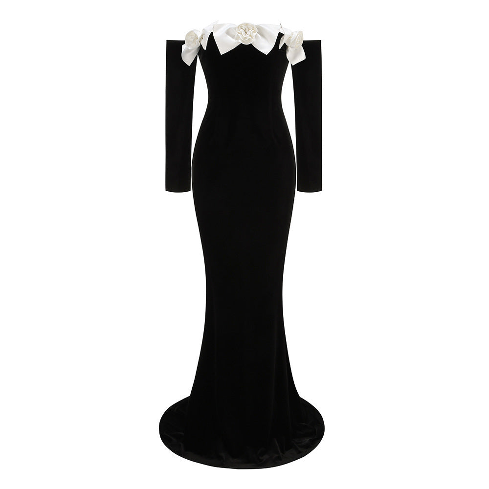 Black Long Sleeve Velvet Dress Fishtail Gown