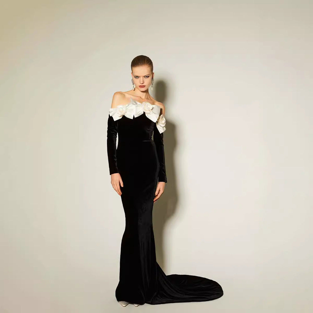 Black Long Sleeve Velvet Dress Fishtail Gown