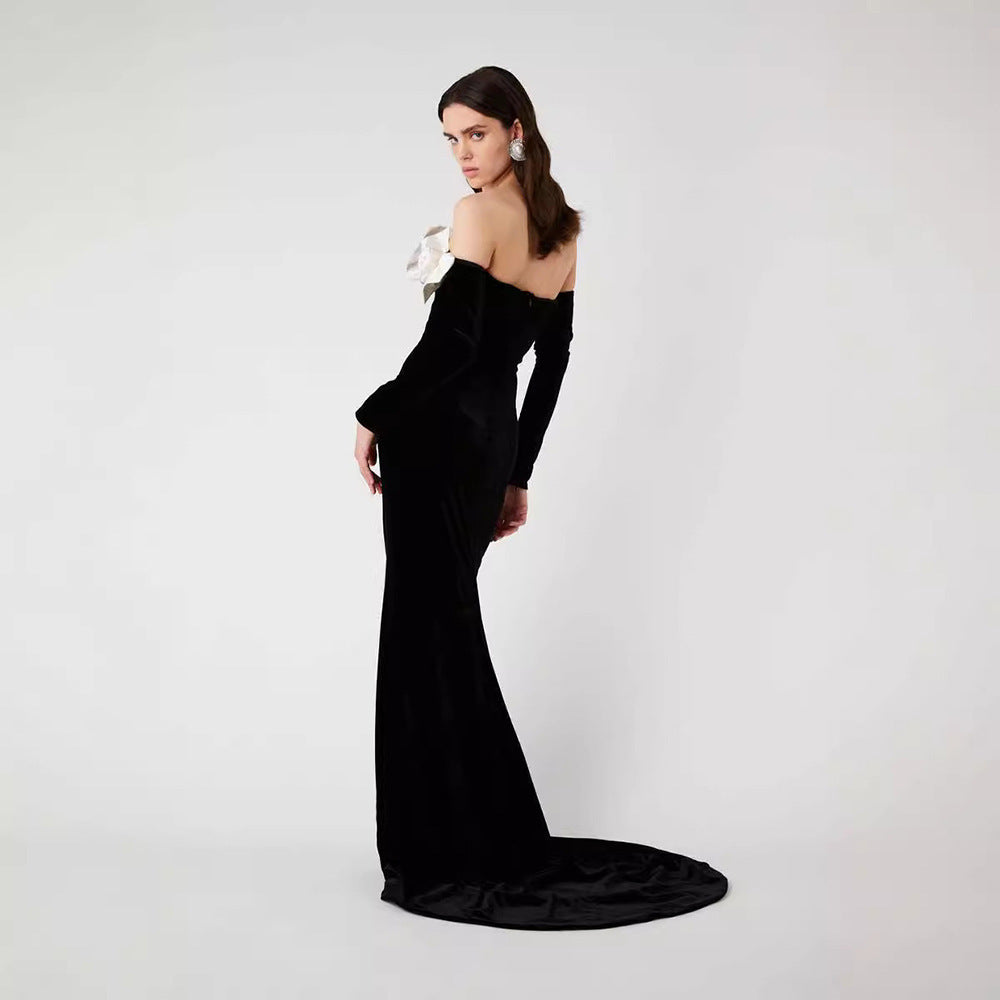 Black Long Sleeve Velvet Dress Fishtail Gown